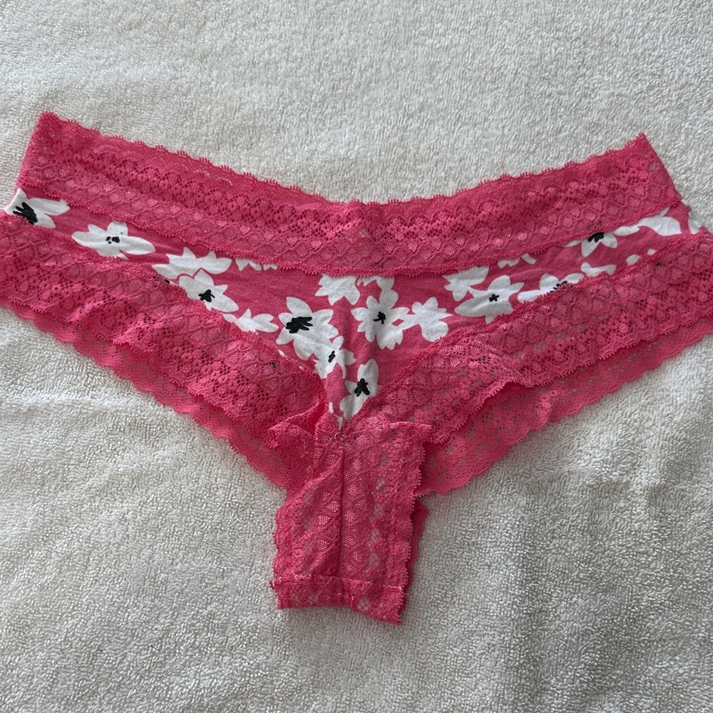 Victoria's Secret Vibrant Pink Lace Panties with White Floral Accents